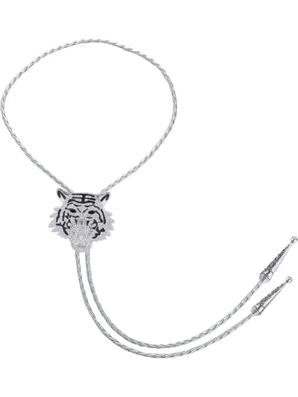 Stylish Western Bolo Tie with Tiger Head Rhinestones | Brown Leather Cord